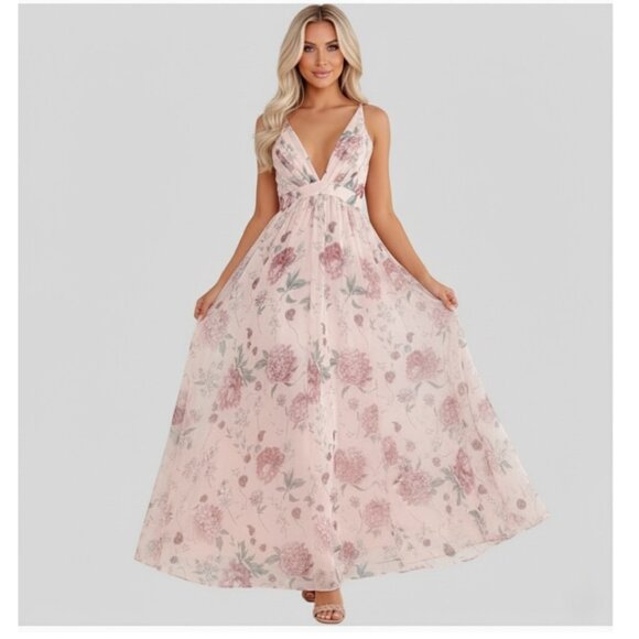 Floral Deep V-Neck Sleeveless High Waist Pleated Backless Spaghetti Strap Dress - Picture 4 of 8